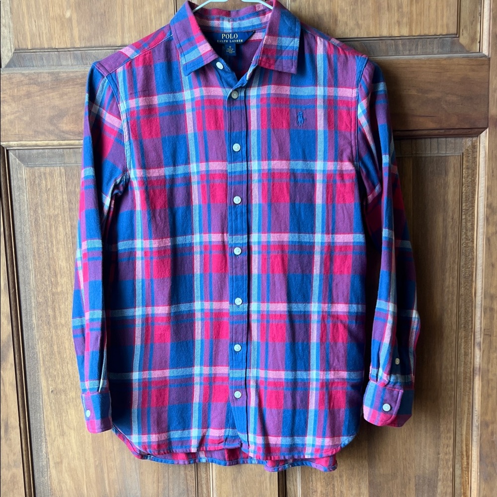 POLO RALPH LAUREN boy’s red and blue checked cotton flannel shirt. Size 12.